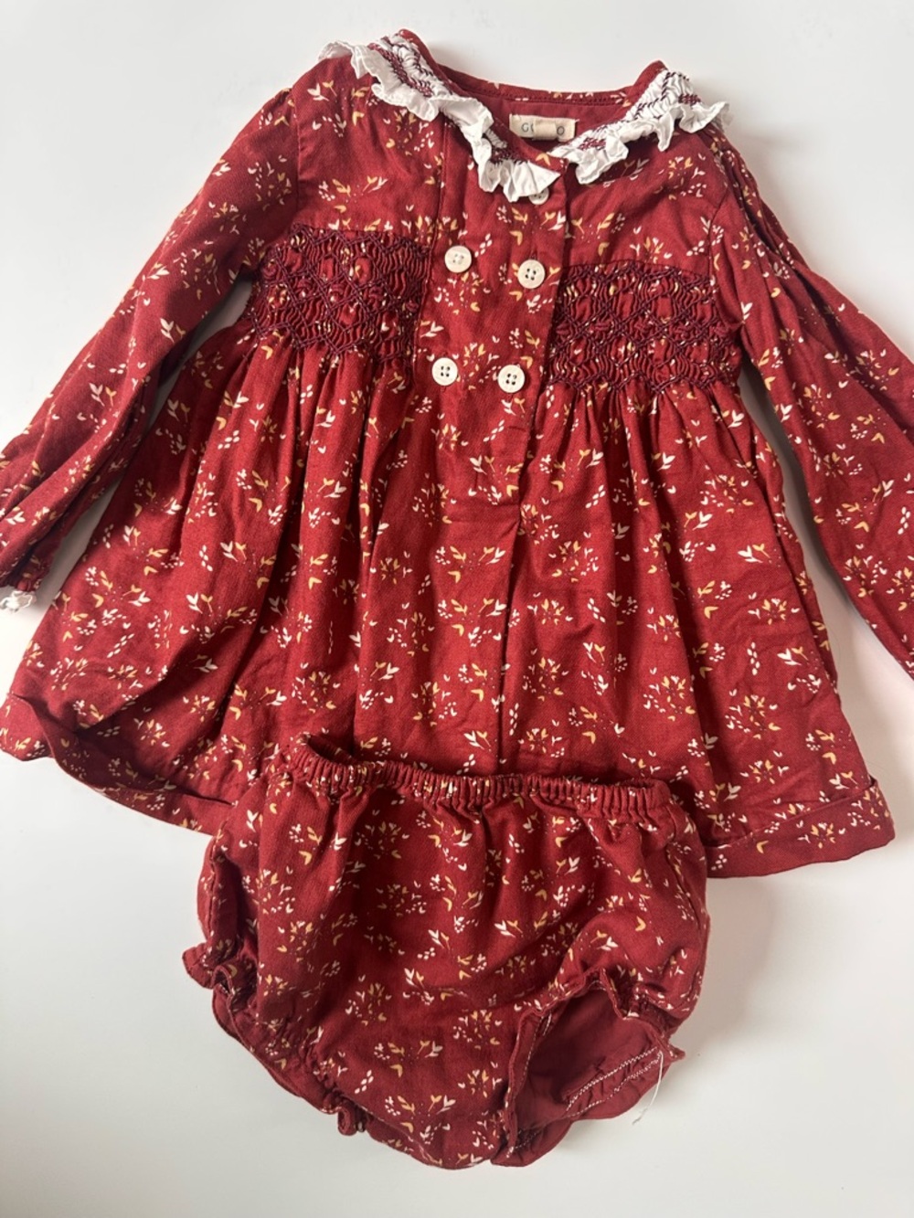 Girls Burgundy Floral Smocked Long-Sleeve Matching Set